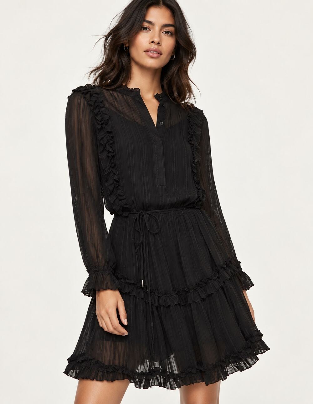 Reiss Justina Long Sleeve Striped Ruffled Mini Dress Black Womens Size 8 Sheer